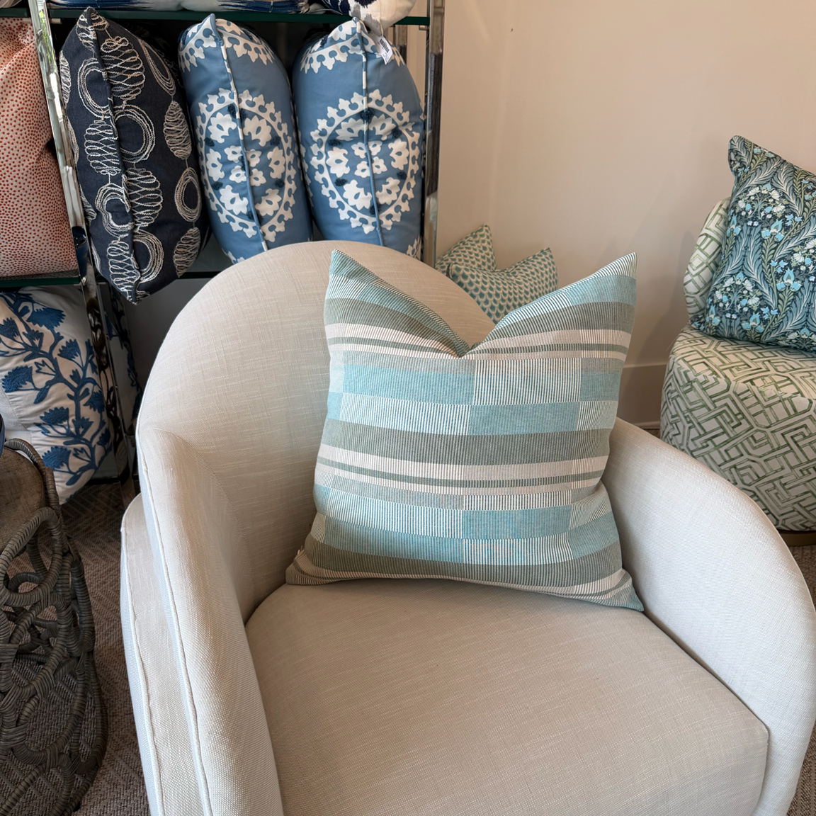 Blue, Sage & Ivory Stripe Pillow